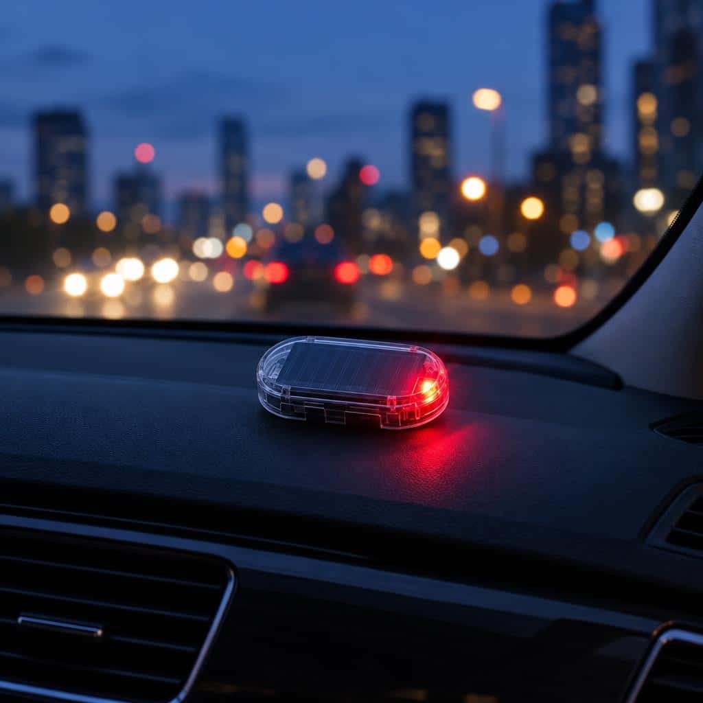 A small transparent device with a solar panel top and a glowing red LED sits on a car dashboard at dusk.